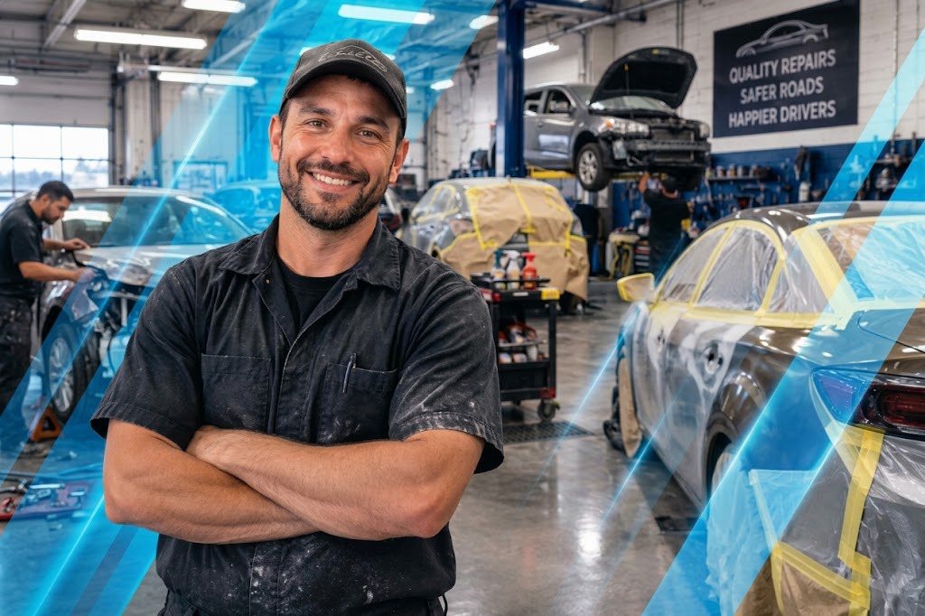 An image of the inside of a body shop with a guy smiling at you.